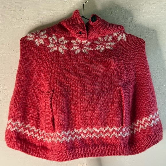 Handmade Other - Hand Knit Red Hooded Knit Sweater with Snowflake Design Girls Size 4-6Y